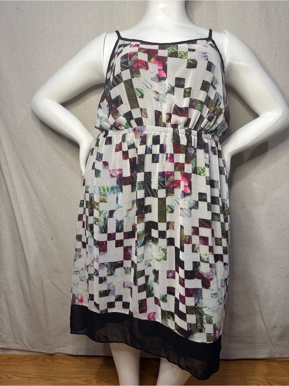 Lane Bryant floral Geometric Print Spaghetti Strap pixel Dress - White/Black